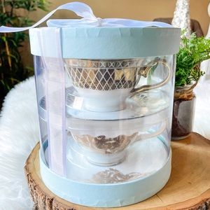 Grace’s Teaware Gift Set 2 Tea Cups & Saucers Gilded Gold White Diamond Floral